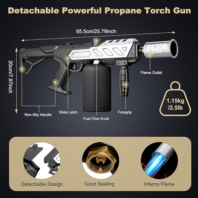FCZON Flame Thrower Gun, Detachable Cooking Propane Torch Gun with Adjustable Flame, Powerful Blow Torch for BBQ, Searing Steak, Welding, Camping(Propane Tank Not Included)