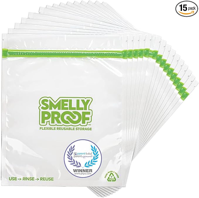 Smelly Proof Quart Meal Prep Bags, Reusable Food Storage, USA Made, Freezer Safe, Dishwasher-Safe, BPA FREE, NO PEVA, 3-mil, 8.5" x 10" - 15-Pack