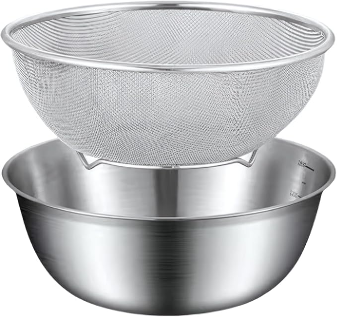 Stainless Steel Kitchen Strainers Set, Includes Bowl and Fine Mesh Sifter, Sturdy Mesh Strainer Basket for Kitchen Use, Dishwasher Safe, Ideal for Washing Fruits, Vegetables, and Small Grains