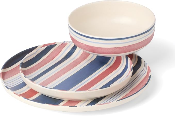 Oneida 24 Seven Melamine Collection, Dishwasher Safe Melamine Dinnerware and Drinkware, Stripe Pattern, Dinnerware Set, 12-Piece