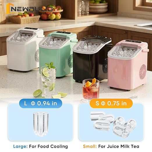NEWBULIG Ice Maker, Countertop Ice Machine with Handle | 9 Bullet Cubes in 6-8 Mins, 26lbs Daily, Self-Cleaning with Basket and Scoop for Home/Kitchen/Camping/RV