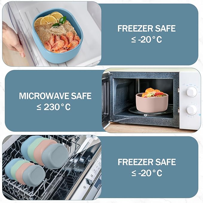 Blushtier 12 Pcs Silicone Food Storage Containers with Lids Reusable Silicone Snack Container 3 Size Silicone Lunch Box Bento with Lids Freezer Dishwasher Safe,6.7oz, 10oz, 20oz(Mo Landi Color)