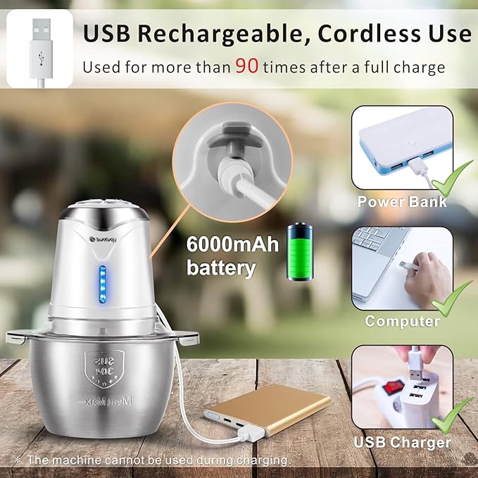 Food Processor Cordless Vegetable Chopper with 5 Cup Stainless Steel Bowl＆6000mAh USB Rechargeable Battery, Electric Garlic Meat Choppers BPA-free Baby Food Processors Blender Mincert(White)