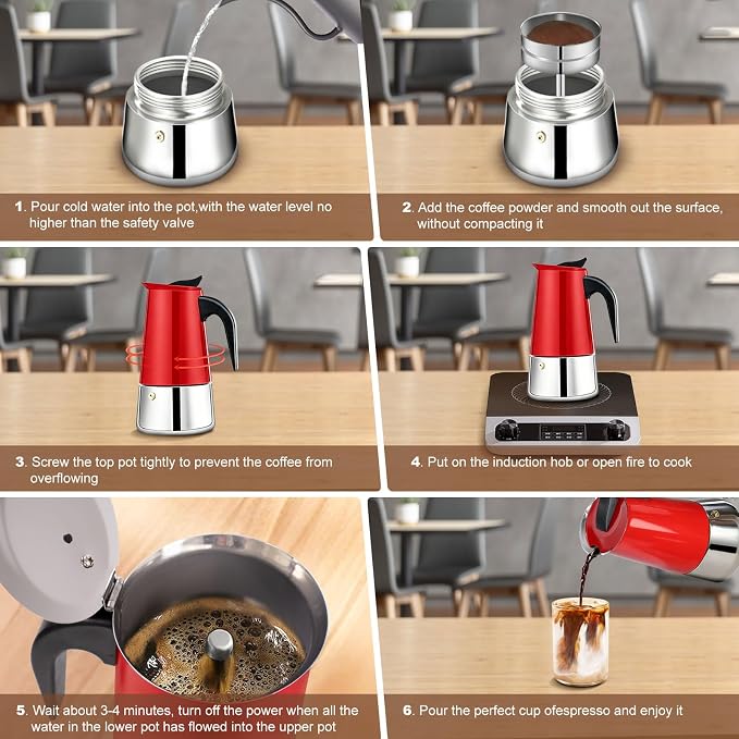 4 Cup Stovetop Espresso Maker Stainless Steel Moka Pot Stove Top Percolator Italian Coffee Makers Capable Mocha Greca Machine Cafe Classic Induction Cookers for Home and Camping 200ml 6.6oz