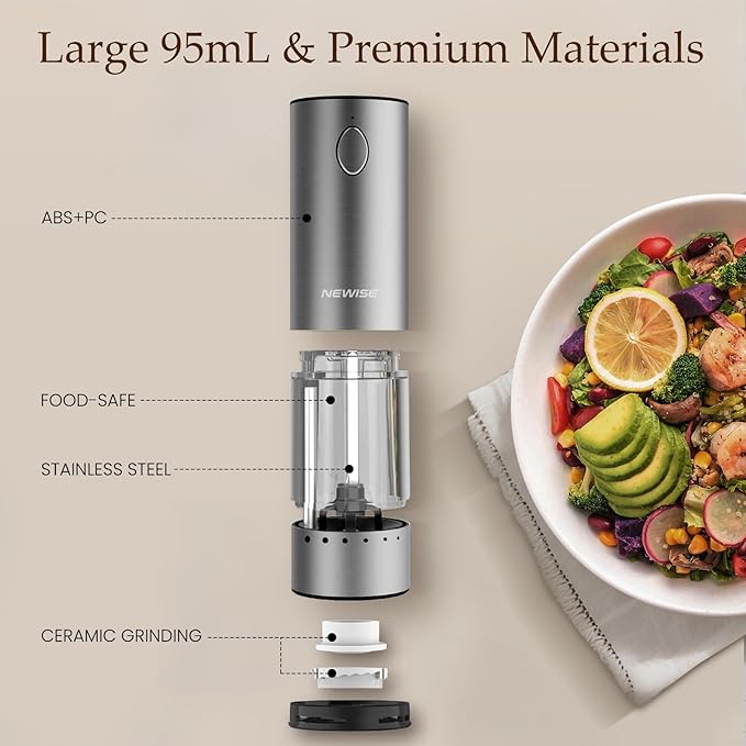 Newise Electric Salt and Pepper Grinder Set - Rechargeable Stainless Steel Salt and Pepper Shakers with LED Lights, Adjustable Coarseness, Large Capacity, Gifts for Women