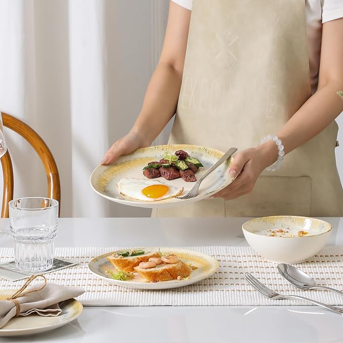 DOMICREVERY Ceramic Dinnerware Sets for 4, 12 pcs Scratch Resistant Dish Set, Lemon Sea