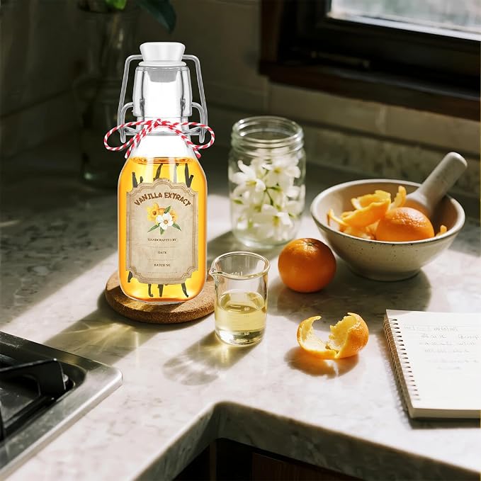 20 Pack Swing Top Glass Vanilla Extract Bottles 4 oz with Lids, Funnel and Vanilla Extract Labels, Boston Vanilla Bottles for Syrup Gift, Flip Top Glass Jars