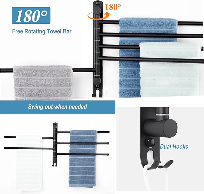 5-Arm Swivel Towel Rack - 180° Rotating Wall Mounted - 304 Stainless Steel Rustproof - Heavy Duty Space Saving for Bathroom Kitchen Laundry Room (Matte Black)