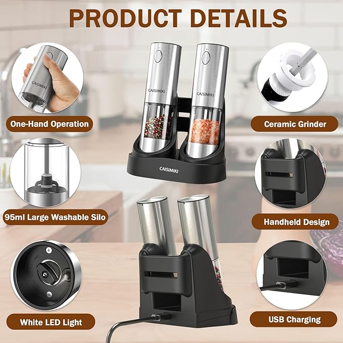 Electric Salt and Pepper Grinder Set Upgraded Stainless Steel Spice Grinder USB Rechargeable Automatic Pepper Mill Dual Charging Station Grinder Shakers, Silver