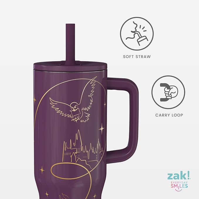 Zak Designs Harry Potter Sutton Travel Tumbler for On the Go, 30oz Stainless Steel with Vacuum Insulation, Silicone Straw, and Carry Handle for Cold Drinks (Hogwarts)