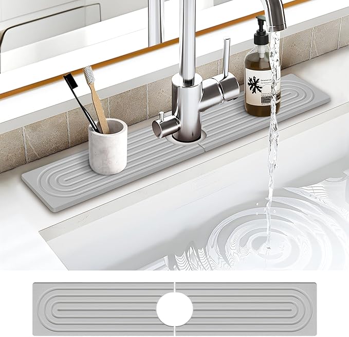 Stone Faucet Mat for Kitchen Sink, Water Absorbent Fast Drying Stone Tray for Sink , Quick Dry Diatomite Splash Guard for Bathroom Counter to Prevent Moisture Buildup, 23.6" x 4", Grey