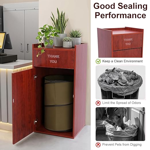 30 Gallon Commercial Trash Can, Wooden Trash Can Cabinet with Tray Holder Garbage Can withTrash Bag for Restaurants, Cafes, Kitchens, and Offices, Durable Garbage Receptacle (Brown)