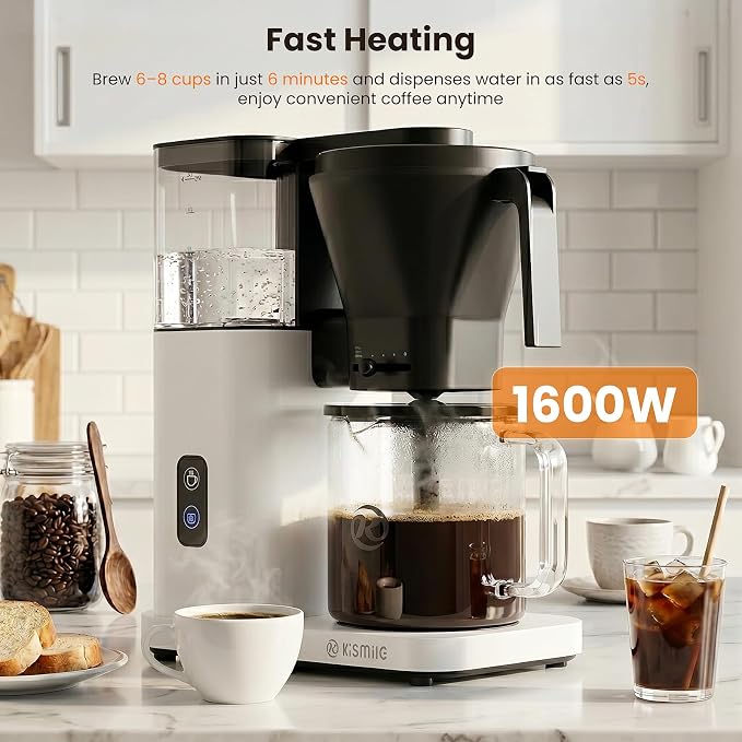 Kismile 8-Cup Coffee Maker, SCA Certified Hot & Cold Brew Coffee Machine, 6-Min Quick Brew, Magnetic Anti-Drip, Adjustable Flow Control, Keep Warm, Dishwasher Safe, DIY Manual Mode, Pearl White