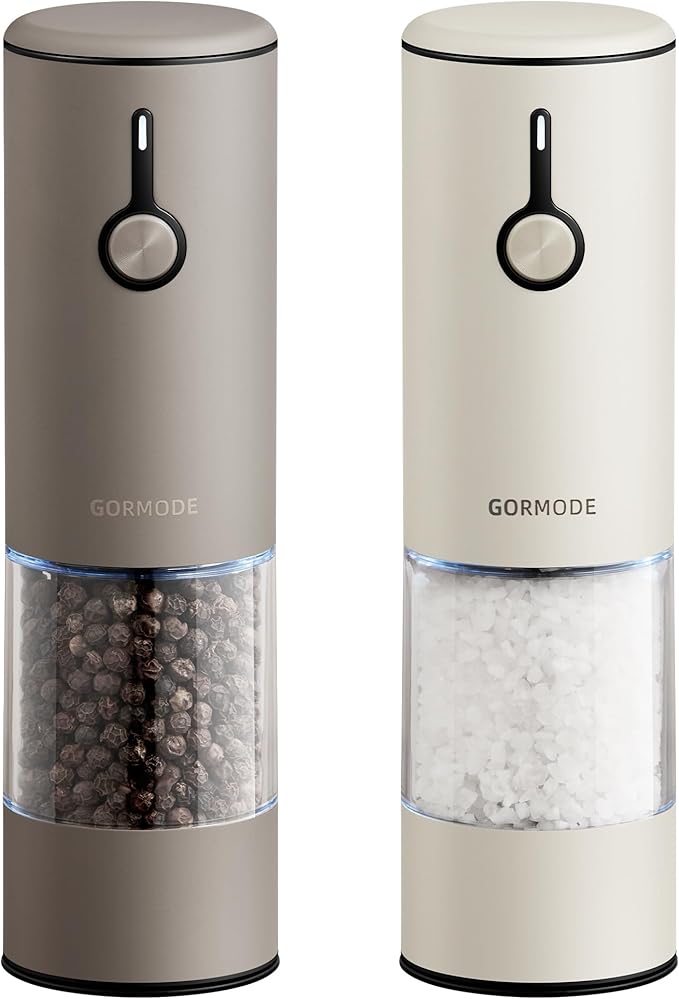 Stainless Steel Rechargeable Electric Salt and Pepper Grinder Set – USB Charging, One-Hand Electric Mill, Adjustable Coarseness, LED Light & Dust Cover –2pack(Greige & Buttercream)