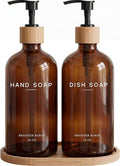 Amber Glass Hand and Dish Soap Dispenser Set by Brighter Barns - Kitchen Soap Dispenser Set with Tray - Bamboo Pump Bottles for Kitchen Sink - Modern Home Decor, Neutral Decor for Airbnb, Gift (Amber)