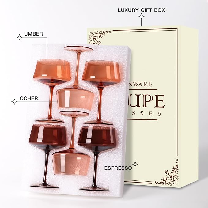 comfit Brown Coupe glasses Set of 6-13 oz Large Capacity Martini Glassware - Amber Colored Cocktail Glasses- 【Hand-Blown】 Colored Champagne Glass-Wedding Gifts