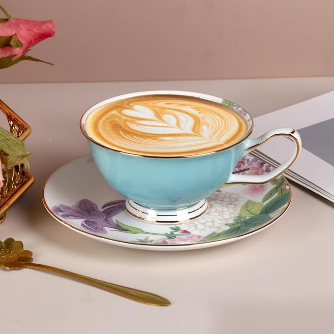 KAMMAK Tea Cups and Saucers Set of 2, Porcelain Coffee Cups, Stackable Espresso Mugs, Ceramic Demitasse for Coffee, Cappuccino, Latte, Americano, Tea, Peony + Hydrangea