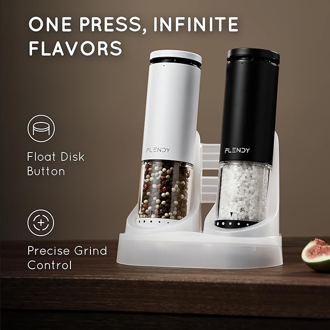 Flendy Electric Salt and Pepper Grinder Set Rechargeable, Automatic Salt and Pepper Grinder Set with Oversized Top Button, Stainless Steel Electric Salt and Pepper Shakers Set