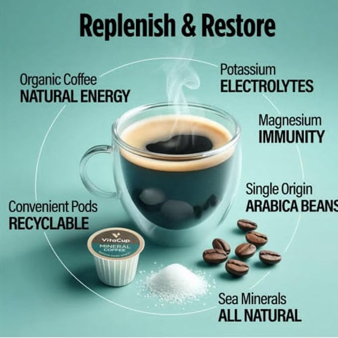 VitaCup Mineral Coffee Pods with Trace Minerals, Hydrate, Replenish & Restore, w/Sea Minerals, Electrolytes, Organic Coffee, Medium Dark Roast, Single Serve Pod Compatible w/Keurig K-Cup Brewers,64 Ct