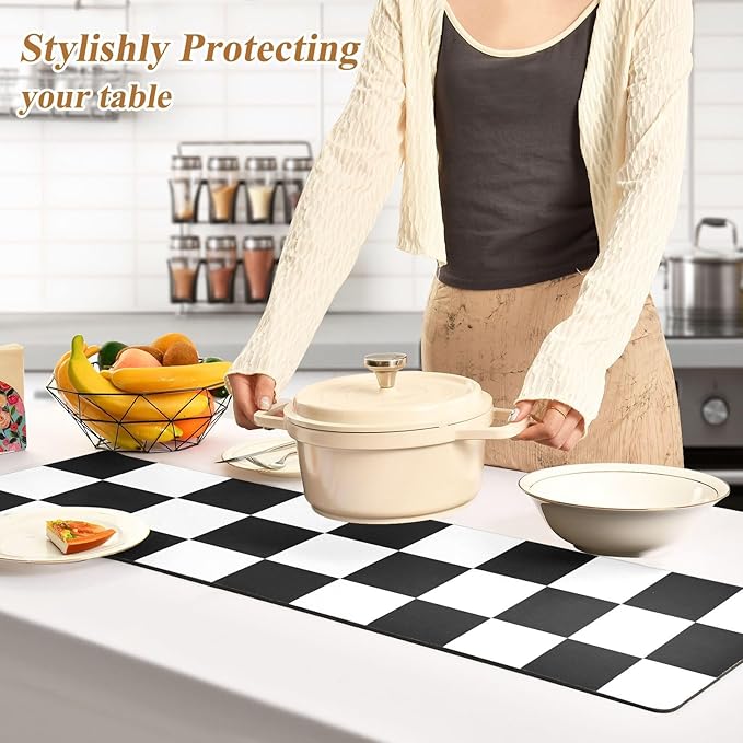 Heat Resistant Table Runner Trivet for Hot Pots and Pans 39 x 12 Inch Long Hot Pad Decorative Table Protector for Kitchen Countertop Checkered Black and White