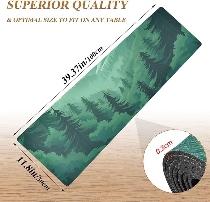 2 in 1 Table Runner Trivet for Hot Pots and Pans Heat Resistant Non Slip Waterproof 39 x 12 Inch Decorative Table Protector for Kitchen Countertop Mountain Forest Trees Green 02