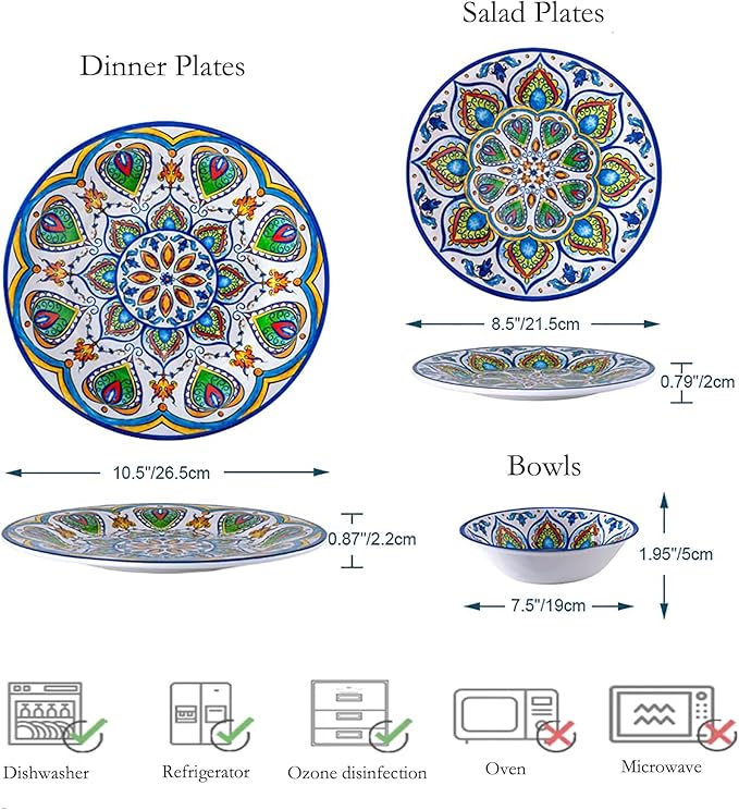 Melamine Dinnerware Set, 12 Pcs Dinner Plates Bowls Sets for Indoor and Outdoor Use, Durable Unbreakable Dishes Sets, Dishwasher Safe, BPA Free, Service for 4