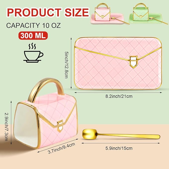 Zubebe 2 Set Coffee Mug Elegant Handbag Shaped Cup Modern Ceramic Purse Mug with Spoon and Saucer, 10oz Cute Creative Tea Cup for Woman Girls Gift (Light Green,Pink)