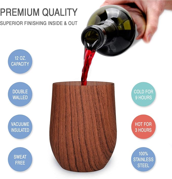 CHILLOUT LIFE 12 oz Stainless Steel Wine Tumbler with Lid - Double Wall Vacuum Insulated Wine Cup Glass Keeping Cold & Hot for Coffee, Champagne, Cocktails, Ice Cream - Wood