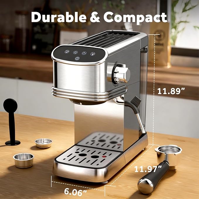 Kndko 20 Bar Espresso Machine, Espresso Maker with Milk Frother Steam Wand, Removable 45oz Water Tank, Compact Latte & Cappuccino Maker for Home & Office, Stainless Steel Color