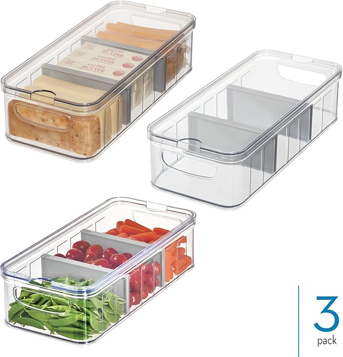 iDesign Large Fridge Organizer Bin with Removable Divider and Lid - Set of 3 - Clear/Gray