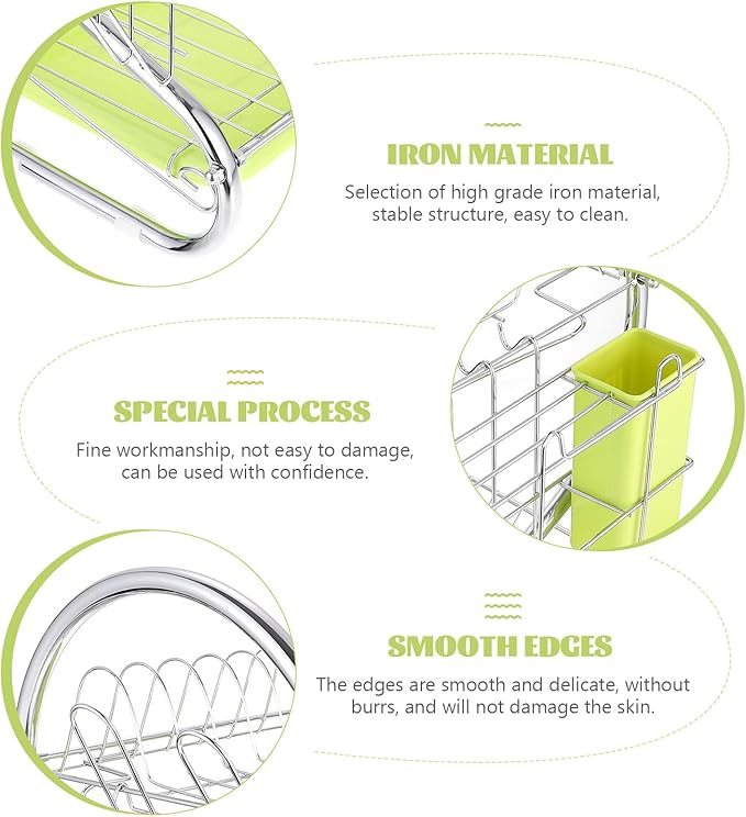 Double-Layer Dish Rack with Bowl Container, Iron Kitchen Utensils Holder, Multifunctional Draining Rack Over Sink Drying and Kitchen Storage, Green