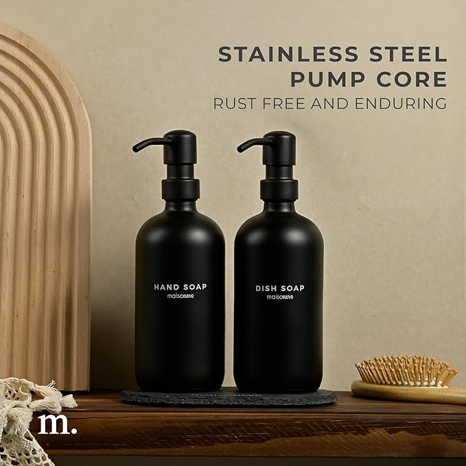 MaisoNovo Soap Dispenser 3 Piece Set - 16.9oz Black Bottles with Black Stainless Steel Pump Core