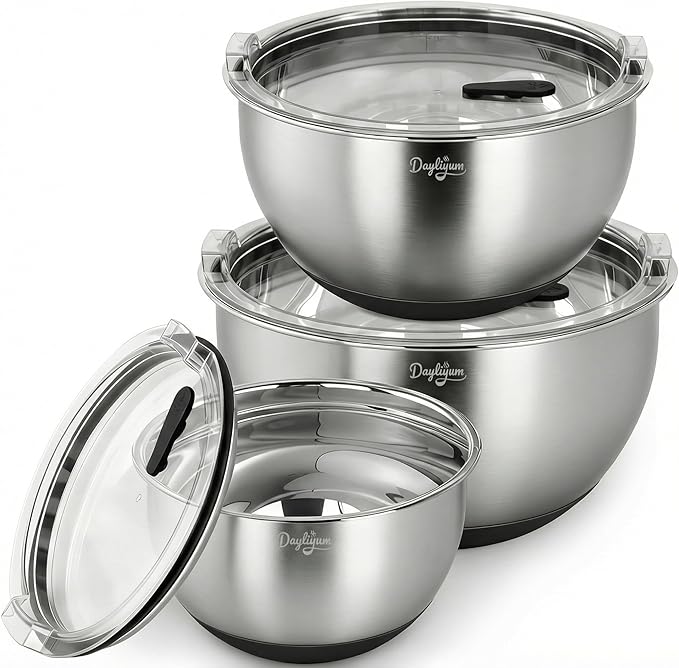 Mixing Bowls with Airtight Lids, Stainless Steel Nesting Bowl Set with Clear Lids & Valve, 3 Essential Sizes (1.5/3/5 QT), Measurement Marks, Non-Slip Silicone Base, Food Prep & Fridge Storage, Black