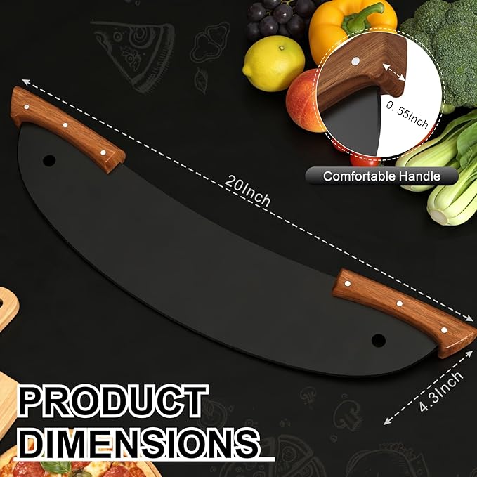 20-Inch Pizza Rocker Blade Cutter, Stainless Steel with Double Wooden Handles, Professional Pizza Slicer，Black