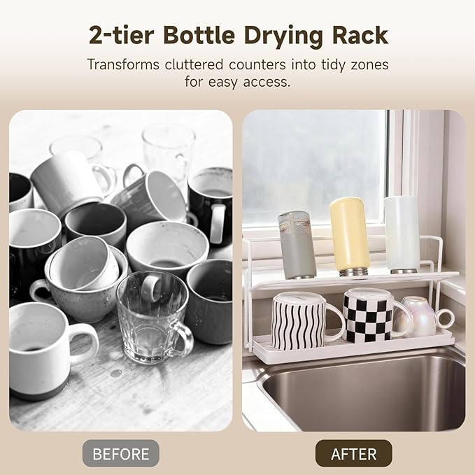 Bottle Drying Rack for Kitchen Countertop, 2-Tier Vertical Water Bottle Drying Rack with Drain Tray, Space Saving Metal Ventilated Stand for Kitchen Sink, Counter