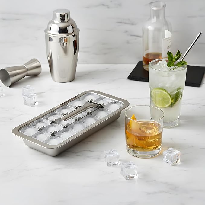 Ecozoi Stainless Steel Ice Cube Tray - 2 Pack of 18-Slot Metal Ice Cube Trays with Easy Release Lever - Plastic-Free, Eco-Friendly, Stackable Retro Vintage Ice Trays for Bars & Kitchens