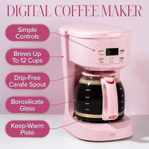 Paris Hilton Digital Coffee Maker, 12-Cup Programmable Drip Coffee Machine with Reusable Filter, Bold Brew, Auto Pause and Serve, Keep-Warm Plate, Glass Carafe, Pink