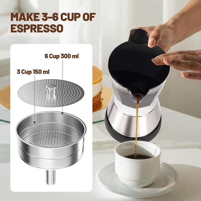 Electric Moka Pot 3-6 Cup 150-300ml Plastic Transparent Stovetop Espresso Maker Portable Stainless Steel Mocha Pot Percolator Italian Coffee Makers Greca Machine Cafe Classic for Home Camping