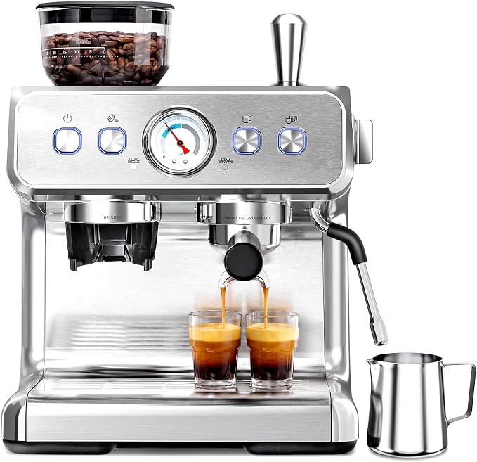 Espresso Machine with Grinder, 20 Bar Espresso Maker with Milk Frother, PID Temperature Control, 30 Grind Settings, Removable Water Tank, Stainless Steel Coffee Machine for Cappuccino, Latte
