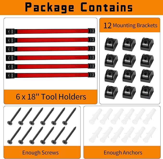 18" Magnetic Tool Holder Strip, 6 Pieces Red Metal Tool Organizer Rack with Stainless Steel Surface, Magnet Bar for Garage Workshop, Easy To Install with Mounting Screws
