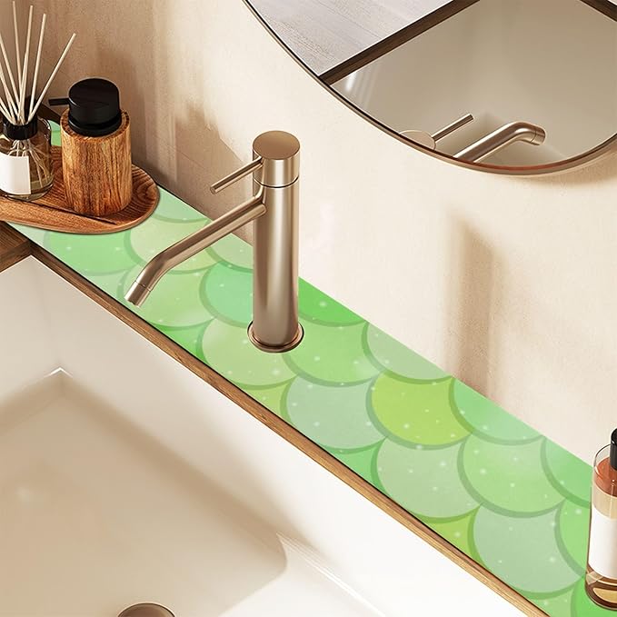 Kitchen Sink Splash Guard 2 PCS 14.7 Inch Sink Faucet Mat Splash Guard for Bathroom Countertop Water Absorbent Foldable Cuttable Soft Washable Green Fish Scale