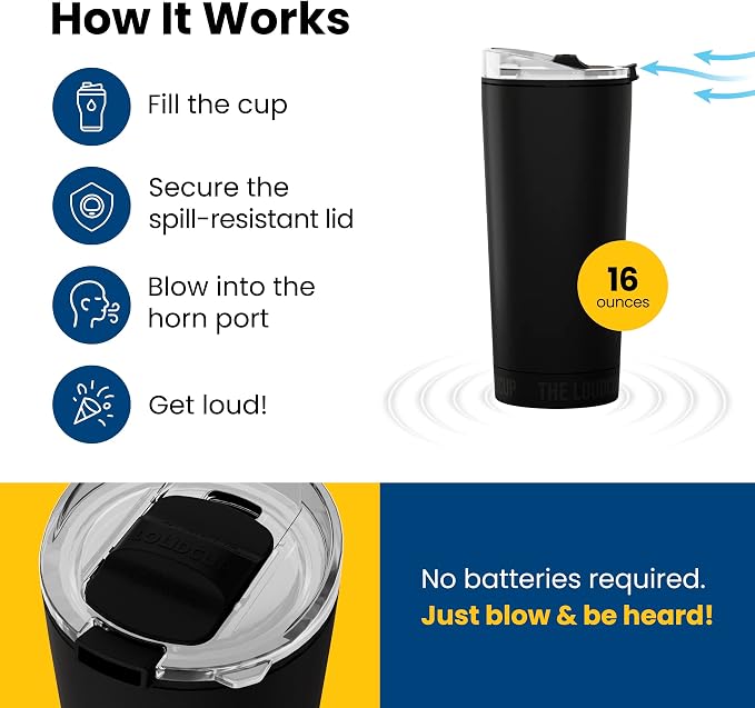 The LoudCup Blow Horn Tumbler, Cheer & Sip 2-in-1 Reusable Water Bottle with Built-In Horn for Sports Games, Tailgates, Parties & Events, BPA-Free, 16 oz, Jet Black