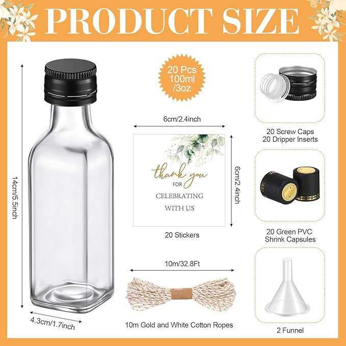 Reallnaive 20 Pack 3 oz Mini Glass Olive Oil Bottles Set, Homemade Wedding Sauce Gift Bottles Leakproof Screw Cap, Thank You Wedding Stickers for Storing Oil Honey Bridal Baby Shower Favors (Black)