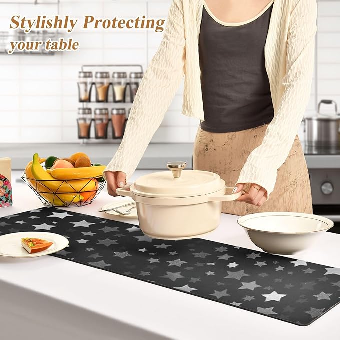 2 in 1 Table Runner Trivet for Hot Pots and Pans Heat Resistant Non Slip Waterproof 39 x 12 Inch Decorative Table Protector for Kitchen Countertop Cute Silver and Gray Stars