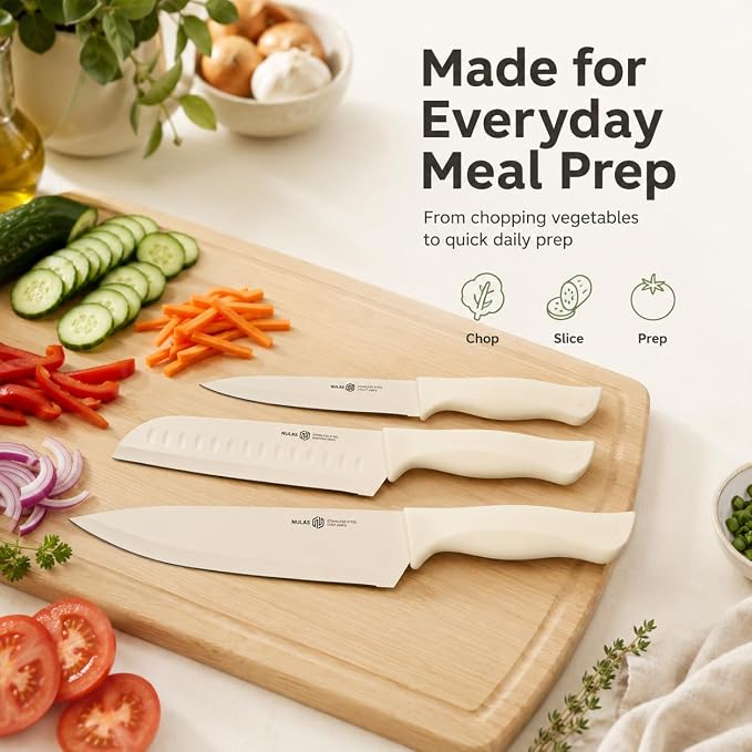 17-Piece Kitchen Knife Set with Block and Built-in Sharpener, High-carbon German Stainless Steel, Non-stick Anti-rust Coatings, Ergonomic Handles, Cream