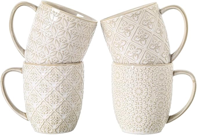 Coffee Mugs Set of 4, 16 Oz Ceramic Coffee Mugs, Large Porcelain Embossed Cups for Cocoa, Tea, Milk, Mocha, Cappuccino, Microwave & Dishwasher Safe, Comfort Handle, 3.5 x 4.5 inch
