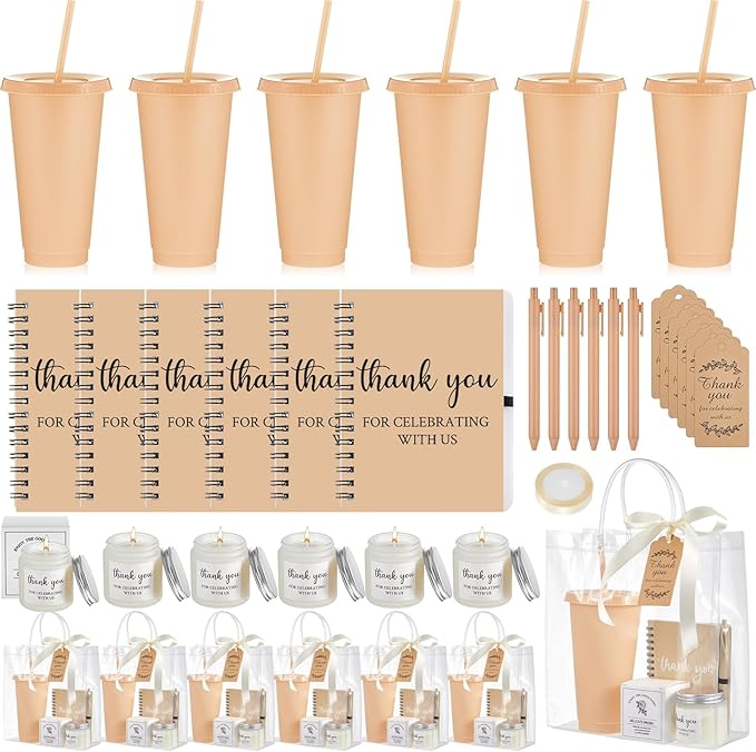 Nuogo 6 Sets New Parent Shower Prizes for Player Winners Adult, Wedding Bridal Shower Gift, Plastic Tumbler Notebook Scented Candle Ballpoint Pen Bag (Neutral,Classic Style)