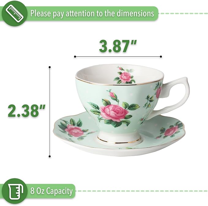 BTaT- Floral Tea Cups and Saucers, Set of 2, 8 oz, Fine Porcelain Teacup Set with Gold Trim for Afternoon Tea, Weddings, Parties & Gifting, Dishwasher Safe, Lightweight, Non-Toxic
