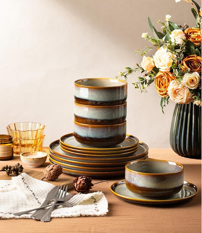 Ceramic Dinnerware Sets for 8, 24 Pieces Handmade Reactive Glaze Plates and Bowls Set, Scratch Resistant Dish Set, Oven & Microwave & Dishwasher Safe, Dusk Blue