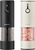 Stainless Steel Rechargeable Electric Salt and Pepper Grinder Set, USB Charging with Dust Cover, 6 Adjustable Grinding Modes + LED Light 2packBlack+Cream